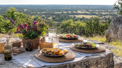 A phone-free outdoor picnic setup with delicious food and a scenic view.