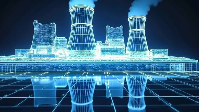 Digital Nuclear Power Plant: A futuristic, wireframe representation of a nuclear power plant against a dark backdrop, emphasizing technology and industry.