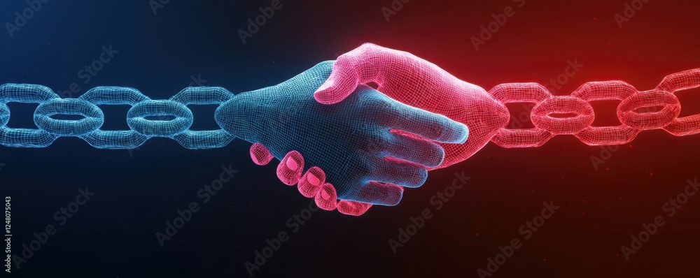 Poster Digital handshake symbolizing connection and collaboration in a blockchain context.