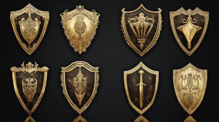 Obraz premium Shield vector icons set, gold medieval knight ammo, guard with engraved border, award trophy, military armor front side view isolated on black background with reflection, realistic 3d clipart