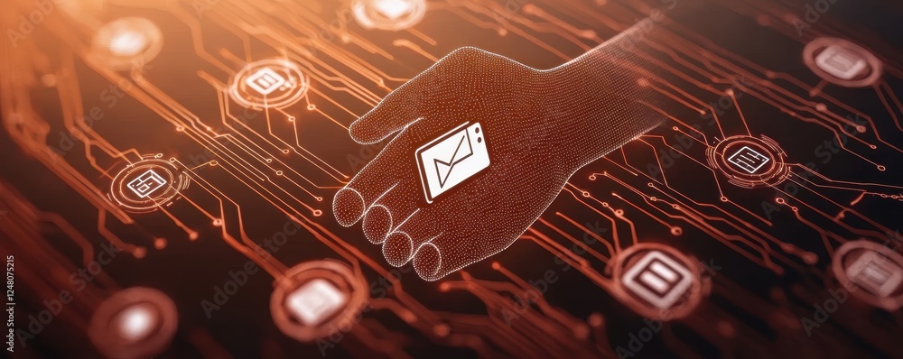 Poster digital hand holding an envelope amidst a network of glowing icons and connections.
