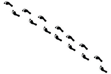 Human footprint. Path of human bare feet. Road of steps. Person walks barefoot. Silhouette. Vector isolated on white. Diagonal path. Drunk staggering man. 