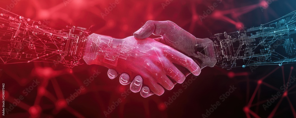 Aufkleber digital hands shaking in a networked, abstract representation of agreement or partnership.