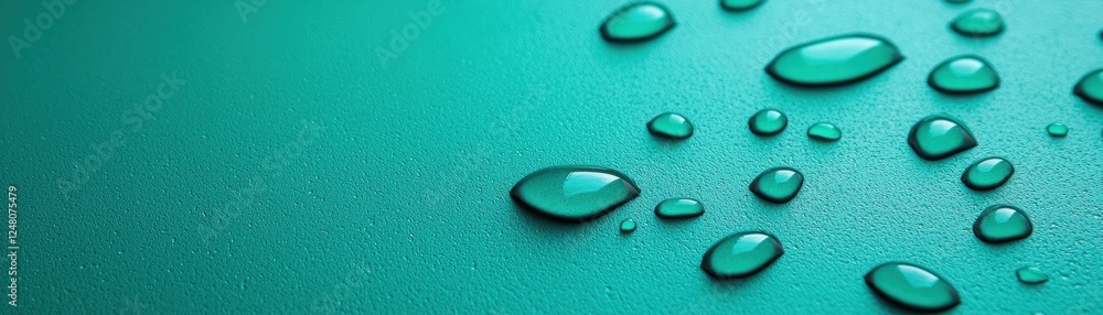 Poster close-up of droplets on a teal surface, showcasing reflections and textures, creating a refreshing a