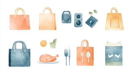 Watercolor Illustrations of Shopping Bags and Food Items