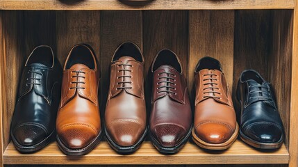 A row of polished dress shoes arranged on a sleek wooden shelf.