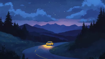 Fototapeten Yellow car driving night road in mountain valley. Vector cartoon illustration of auto with headlights on riding winding highway, dark fir tree forest, rocky peaks in fluffy clouds under starry sky © Sehraye