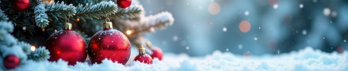 Frozen red baubles against a backdrop of frosty snow, christmas tree, red glass baubles, snowy landscape