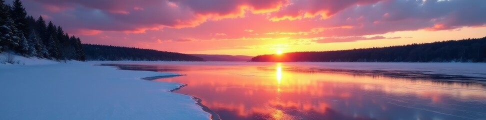 Frozen lake at sunset with warm colors and an abstract sky, serene landscape, frozen lake,