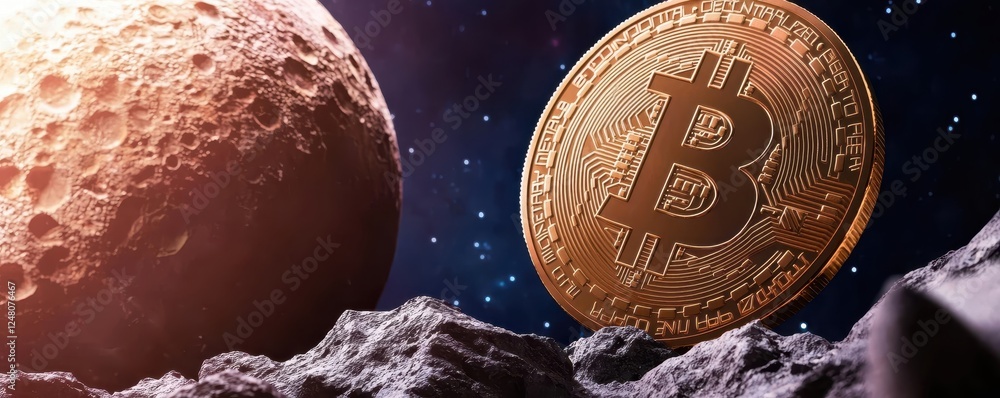 Poster Cryptocurrency floating in space near a moon-like surface.