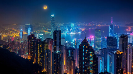 Obraz premium Night city with neon illumination. Urban architecture panoramic background, cityscape with glowing lights under full moon and stars. Modern megapolis buildings exterior, Cartoon vector illustration