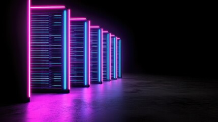 Neon-lit server racks in a dark environment create a futuristic tech atmosphere.