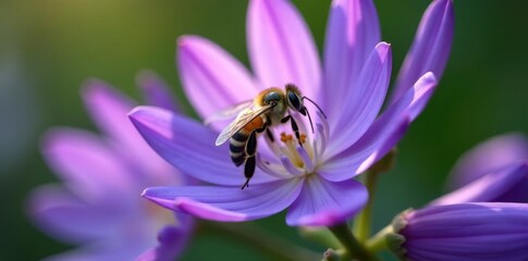 Delicate bee collecting nectar from a purple Agapanthus flower, flowers, agapanthus