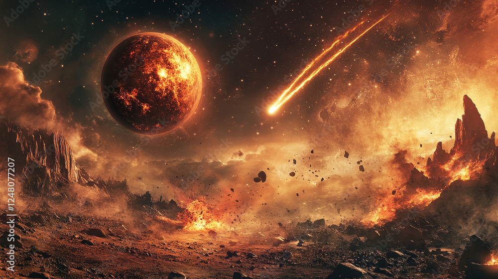 Poster cartoon space planet game vector background illustration. night fantasy mars ground surface with fal