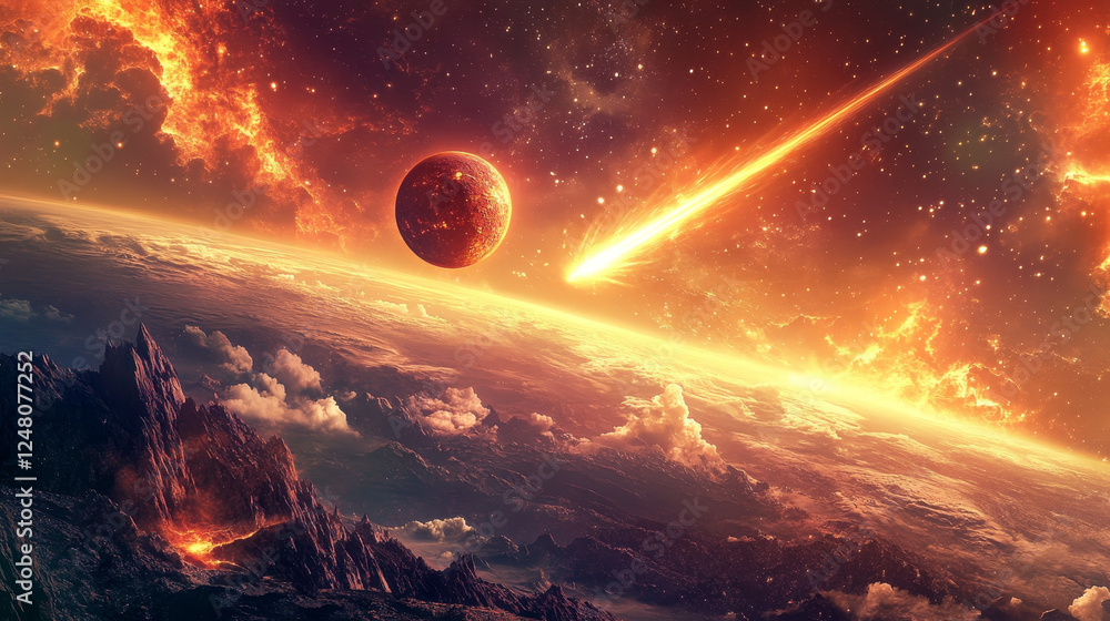 Poster cartoon space planet game vector background illustration. night fantasy mars ground surface with fal