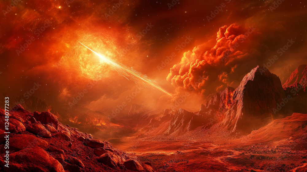 Poster cartoon space planet game vector background illustration. night fantasy mars ground surface with fal
