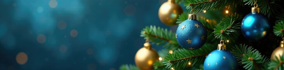 Decorated Christmas tree with blue and gold ornaments, ornaments, holiday
