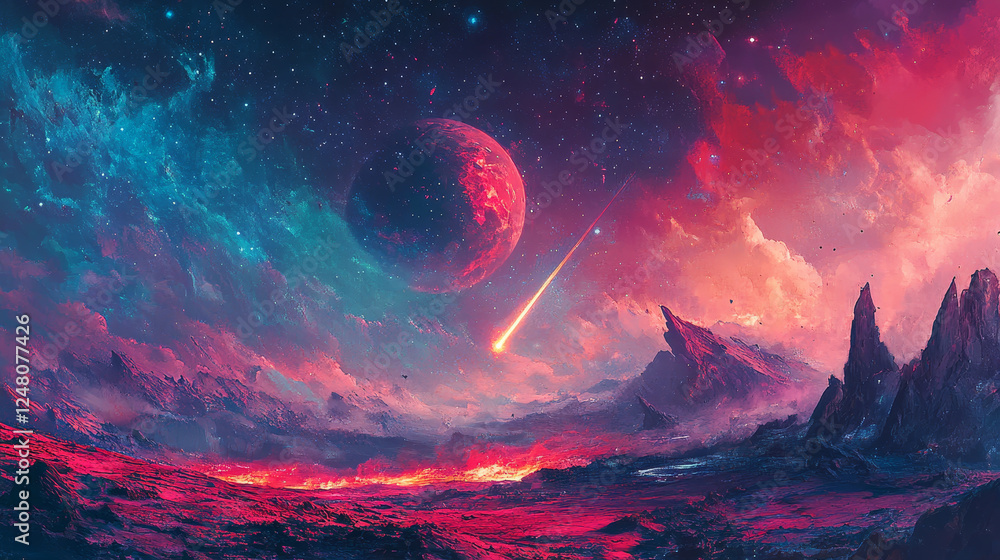 Poster cartoon space planet game vector background illustration. night fantasy mars ground surface with fal