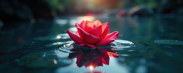 Dark water surface with rose bloom emerging from depths, ethereal, rays