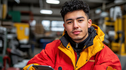 Young hispanic warehouse worker using digital tablet managing inventory and logistics in large distribution center