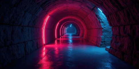 Dark tunnel with luminous glowing walls and floor, atmosphere, walls