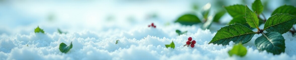 Obraz premium Dark green holly leaves scattered on a snowy ground, leaf,