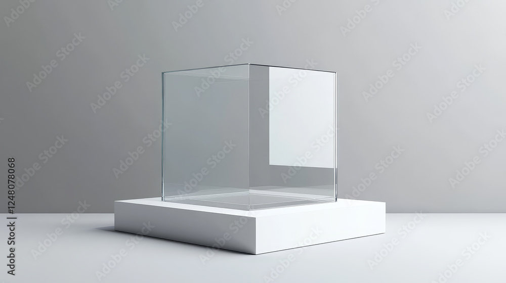 Poster glass cube box on white stand. empty clear square showcase on podium in front and angle view. vector