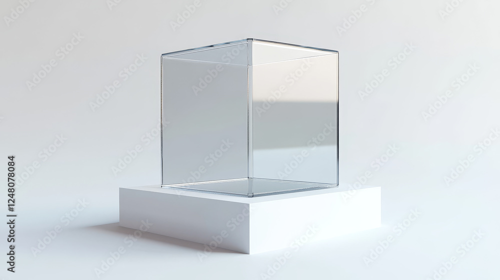 Poster glass cube box on white stand. empty clear square showcase on podium in front and angle view. vector