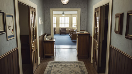 Empty corridor with double doors to laboratory, hospital room or restaurant kitchen. Vector realistic interior of hall in medical clinic, waiting area or lobby with metal doors to lab