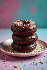 Dark chocolate donuts stacked on a colorful plate with sprinkles, dessert table, plate,