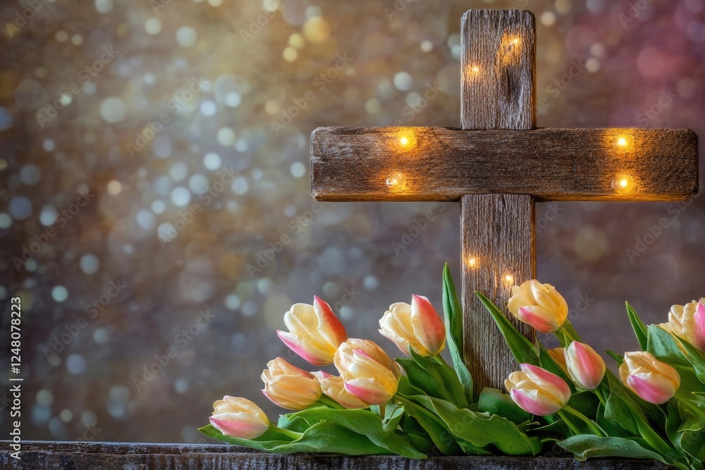 Poster a simple wooden cross with vibrant tulips arranged in front of it, suitable for use in various conte