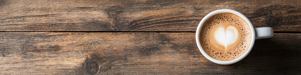 Fototapeta premium Cappuccino with latte art on rustic wood background. Coffee break concept. Top view background for menu, banner, advertising, cafe, restaurant. Copy space for text