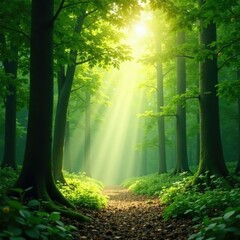 Fototapeta premium Dappled light filtering through leafy branches, forest, foliage, dappled light