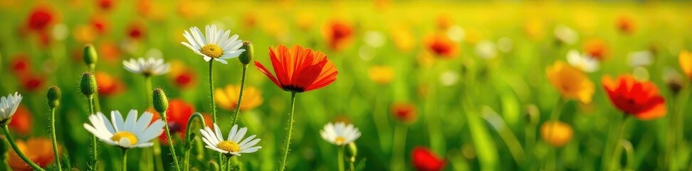 Daisies and poppies in a lush green cornflower field, field of gold, cornflowers