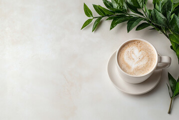 Cappuccino with heart latte art and green leaves. Morning coffee and relaxation concept. Minimal style. Good for banner, flyer, card, menu, advertising. Top view with copy space.