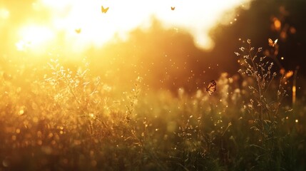 A serene sunset scene with butterflies fluttering over a field of grass.
