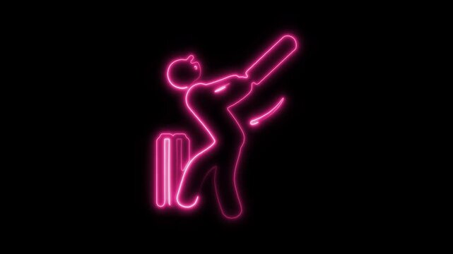 Glowing Neon Cricket Icon Isolated, HD Video Motion Graphic Animation on Black Background