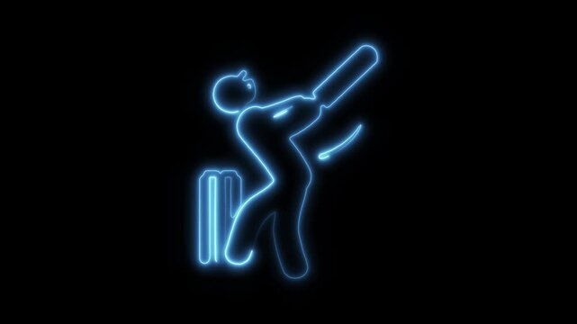 Glowing Neon Cricket Icon Isolated, HD Video Motion Graphic Animation on Black Background