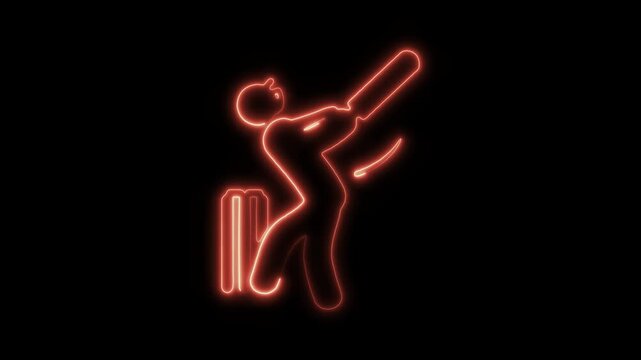 Glowing Neon Cricket Icon Isolated, HD Video Motion Graphic Animation on Black Background