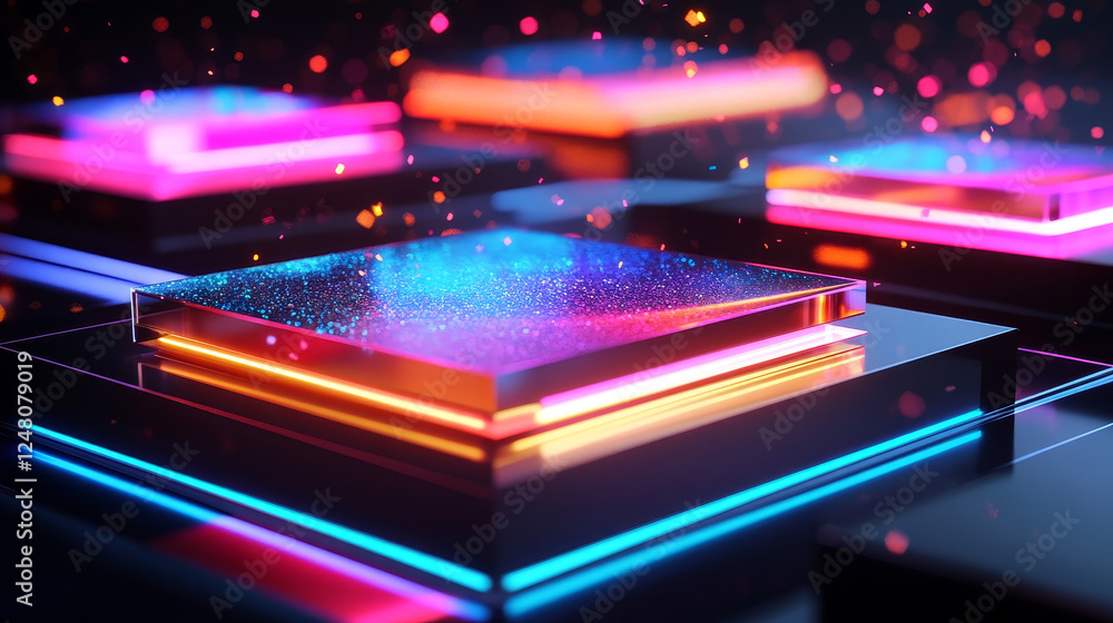 Aufkleber futuristic hologram platforms with blue glowing neon lights, sparkling particles rising upward from 