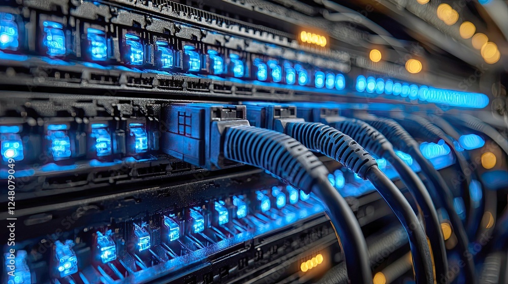 Poster exploring the intricate world of network servers: high-tech data centers and connectivity