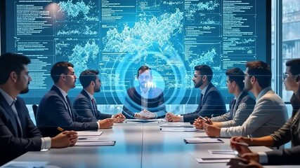 Data-Driven Decision Making: A group of business professionals engaged in a collaborative meeting around a conference table, with a digital interface displaying financial data. - Powered by Adobe