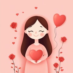Cute Girl with Heart Holding Balloons and Roses in Pink Background for Valentine's Day and Love Celebration