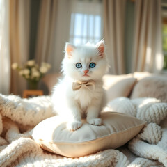 An adorable kitten with fluffy white fur, blue eyes, wearing a tiny bowtie, sitting on a cushion in a cozy room.
