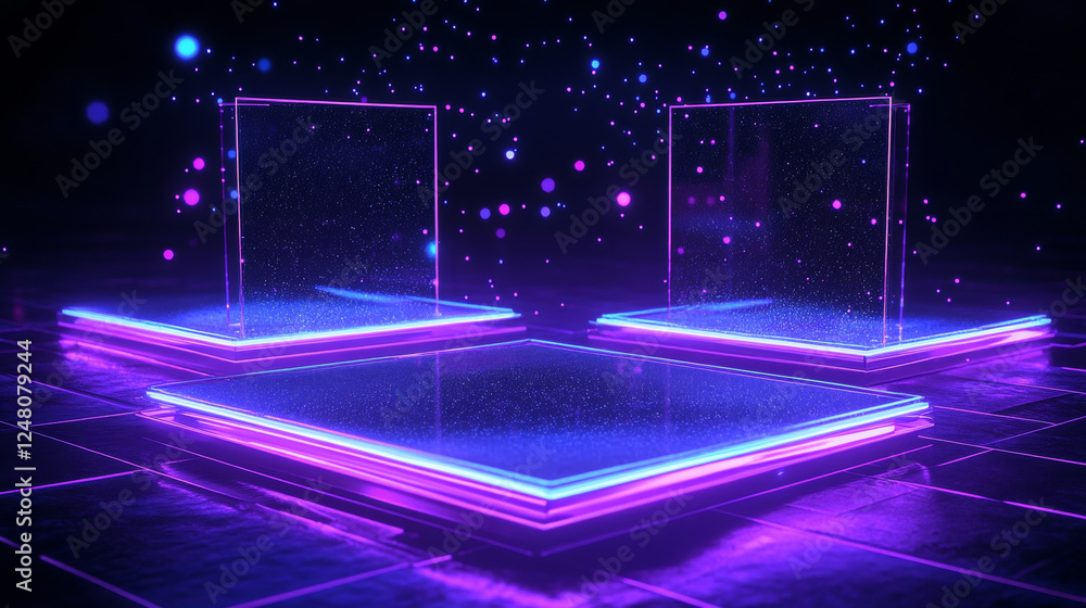 Aufkleber futuristic hologram platforms with blue glowing neon lights, sparkling particles rising upward from 