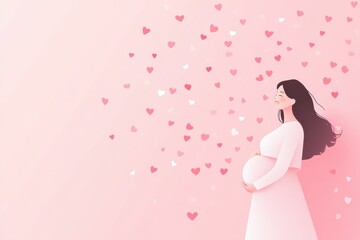 Expecting Mother Smiling Surrounded by Heart Shapes in Soft Pastel Background for Maternity Concept