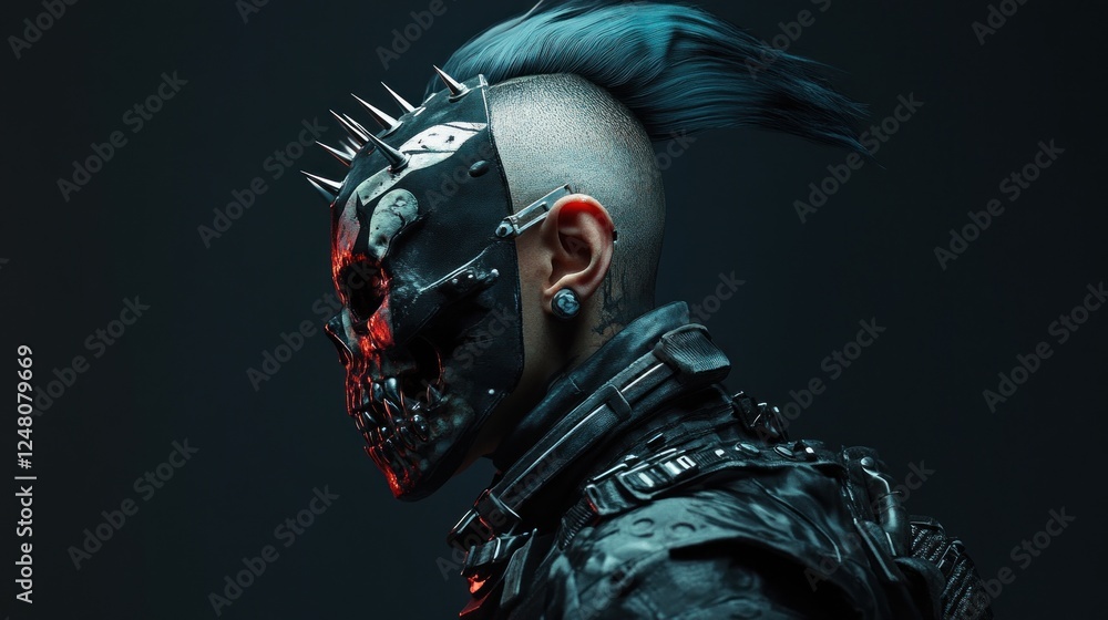 Poster A stylized character with a skull mask and punk elements, showcasing a bold, futuristic aesthetic.