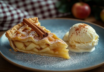 Delicious slice of homemade apple pie served with a scoop of vanilla ice cream, garnished with cinnamon sticks and powdered sugar on a rustic blue plate