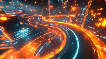 Dynamic glowing roadway, futuristic urban scene with vibrant light trails, indicating fast-paced movement and technology.