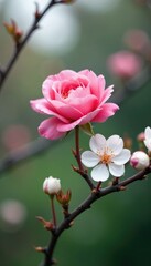Obraz premium A single pink rose blooming among white cherry blossoms on a tree stem, nature, blossom